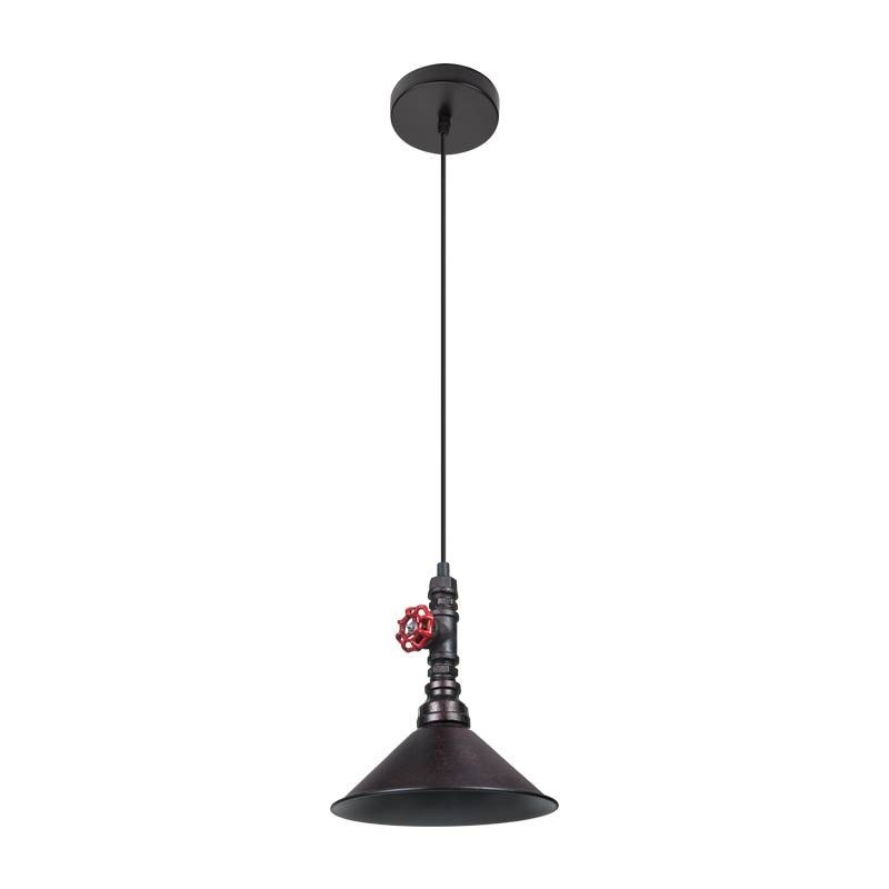 Luminária de teto pendente moderno com cúpula preta e detalhe de registro vermelho, ideal para ambientes rústicos e industriais. Lustres Gênesis loja online de Lustres e Iluminação Decorativa